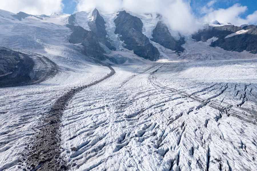 A drone view of Pers Glacier amid climate change, in Pontresina.