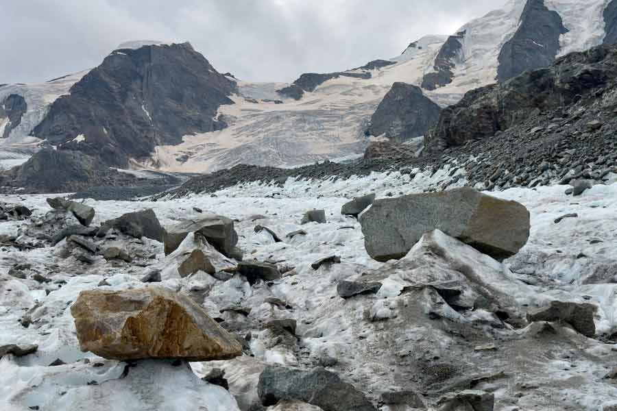 Rocks are pictured on the Pers Glacier amid climate change, in Pontresina.