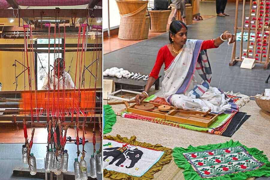 (L-R) A makeshift handloom; a charkha which reminds of Mahatma Gandhi