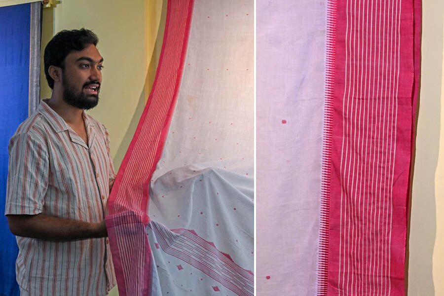 Vishal Saha explaining the various types of handloom saris from his curatorial collection