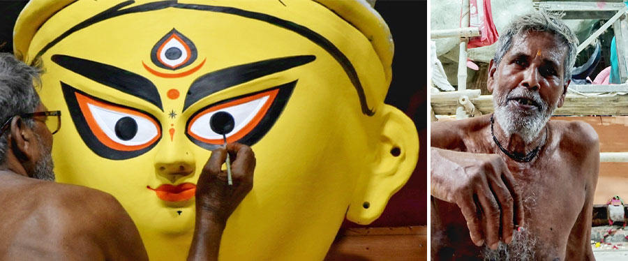 (Left) Eminent artist Khoka Paul draws the eyes of the biggest Durga idol at Bagbazar Sarbojanin Durgatsab and (right) the master artist rests at the heritage puja pandal on Tuesday