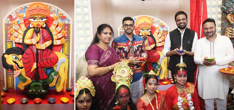 (From left) Manoshi Roychowdhury, co-chairperson, Techno India Group, Meghdut Roy Chowdhury, founder, Make Calcutta Relevant Again & chief innovation officer of the group with music composers, Sourendro-Soumyojit at the unveiling of the bio-degradable Durga idol made by students of Techno India Group