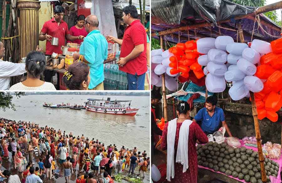 Before or after the rituals, tea kiosks and those selling puja paraphernalia made brisk business around the Hooghly ghats 