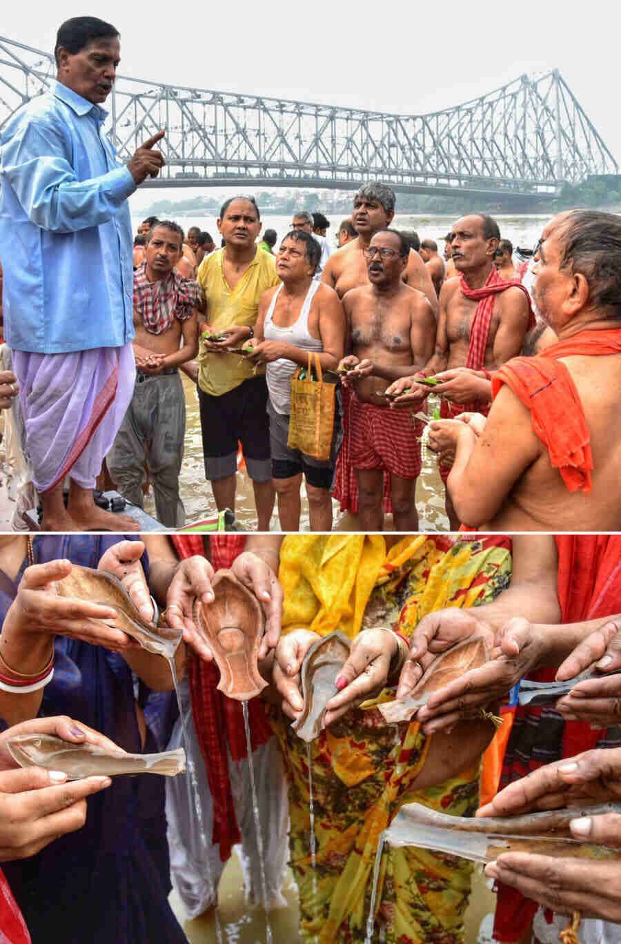 Under the grey skies and steady drizzle, the Howrah Bridge was the only prominent structure visible for some time even as crowds were milling around priests dressed immaculately for the occasion 