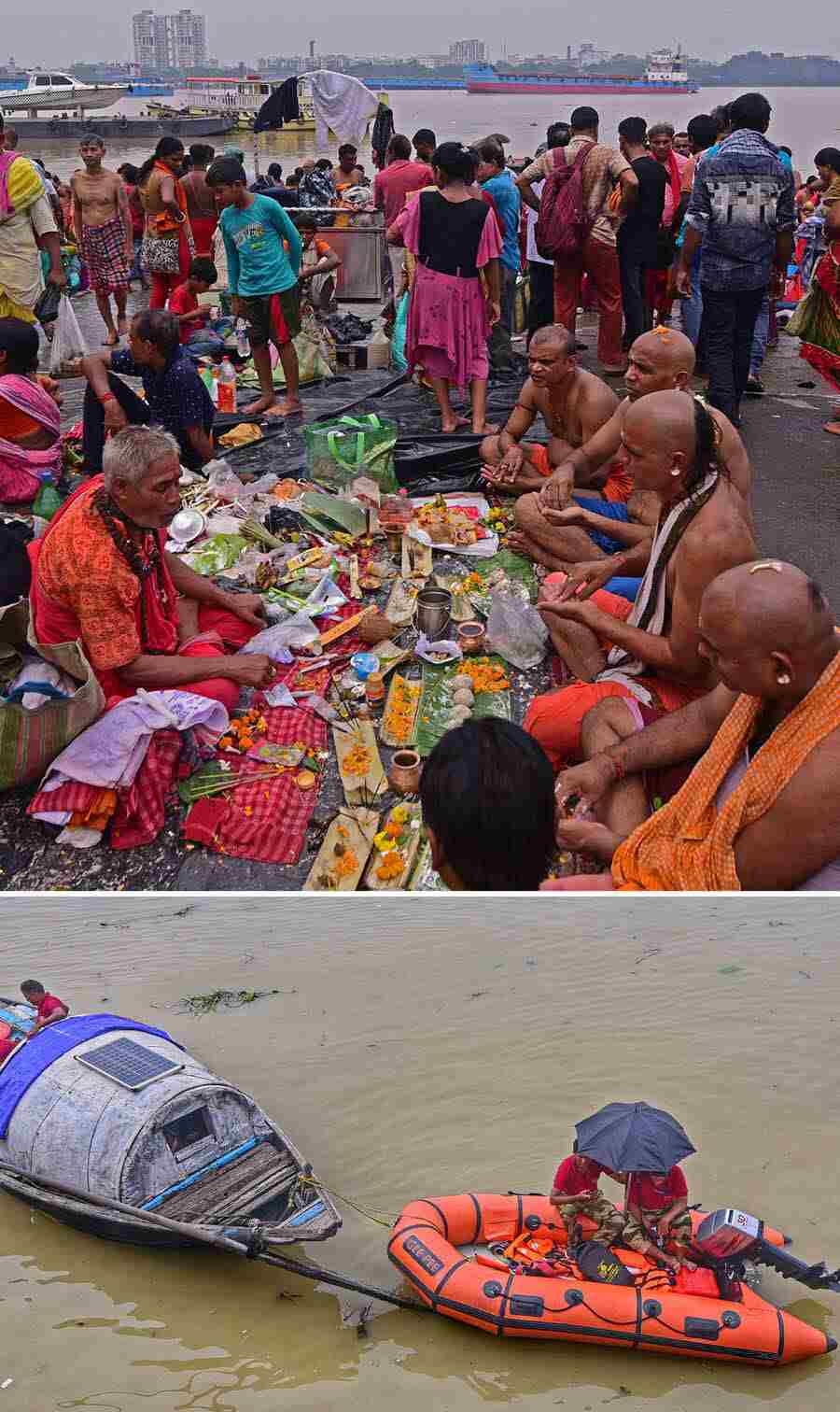 For the safety of the devotees offering ‘tarpan’, the Kolkata Police Disaster Response team at Babughat had tied their rubber dinghies with countryboats to cordon off certain areas in the water