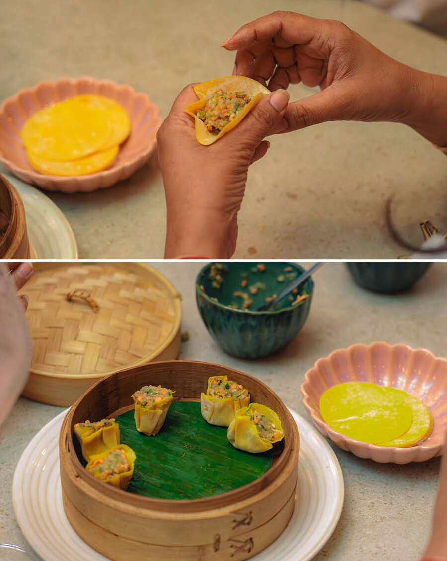 The ladies were provided dim sum sheets and filling to practice their wrapping and folding skills