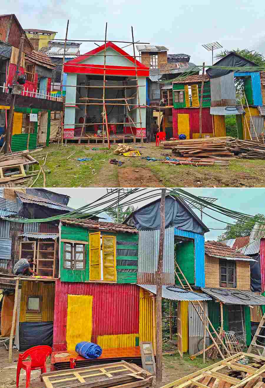 Durga Puja preparations at Jodhpur Park Sarbojanin Puja pandal. This year’s theme is ‘Nishwar Nistarini’, showcasing the underprivileged living in the slums of Kolkata