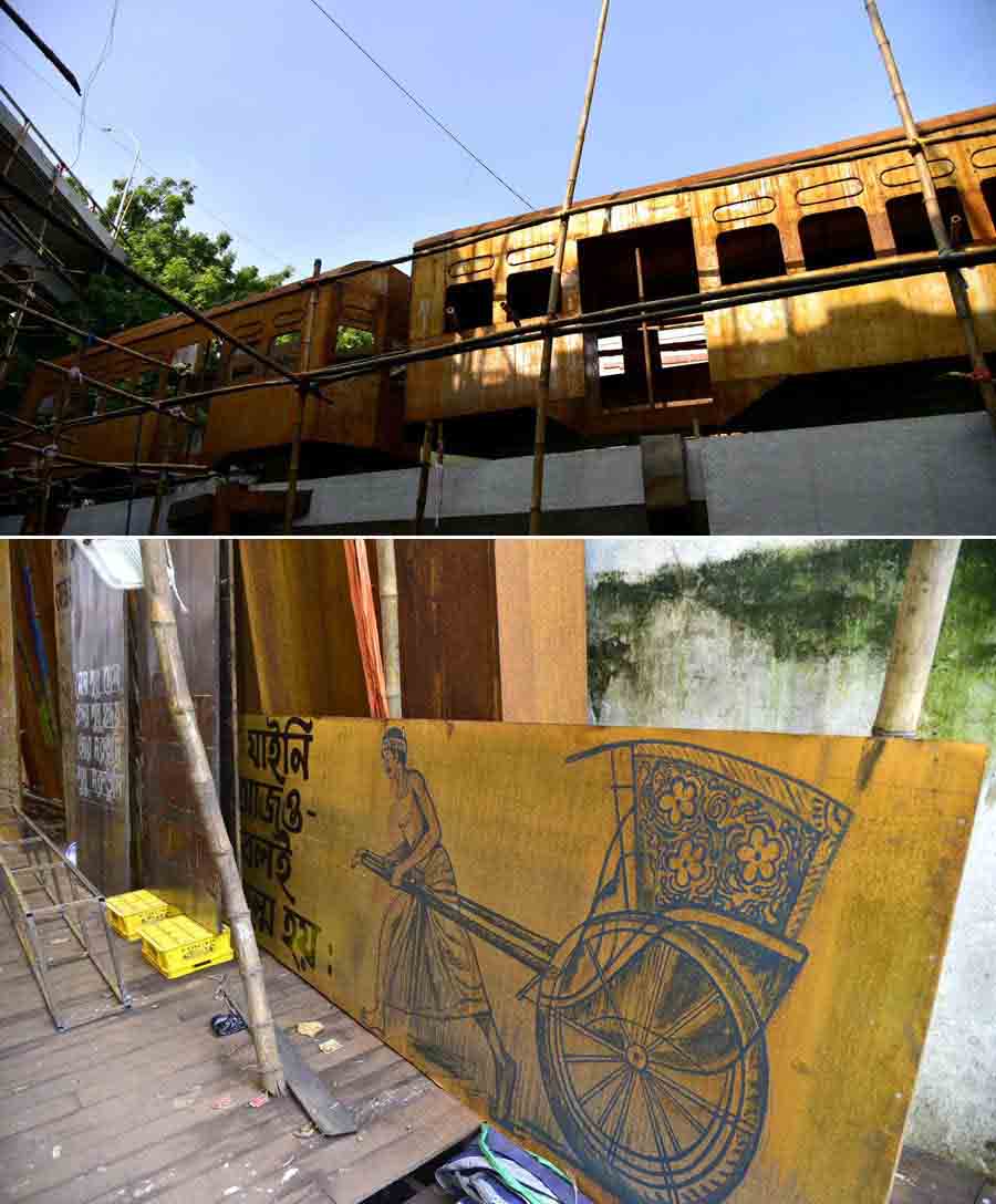 Bhowanipur 75 Palli, adjacent to Netaji Bhavan Metro station, in its diamond jubilee year has showcased its puja on ‘Tobuo Tomar Kache Aamar Hridoy’. The pandal embodies rustic aesthetics, utilising eco-friendly materials such as iron and asbestos sheets, crafted by Shivashankar Das. The idol is by veteran artist Sanatan Dinda