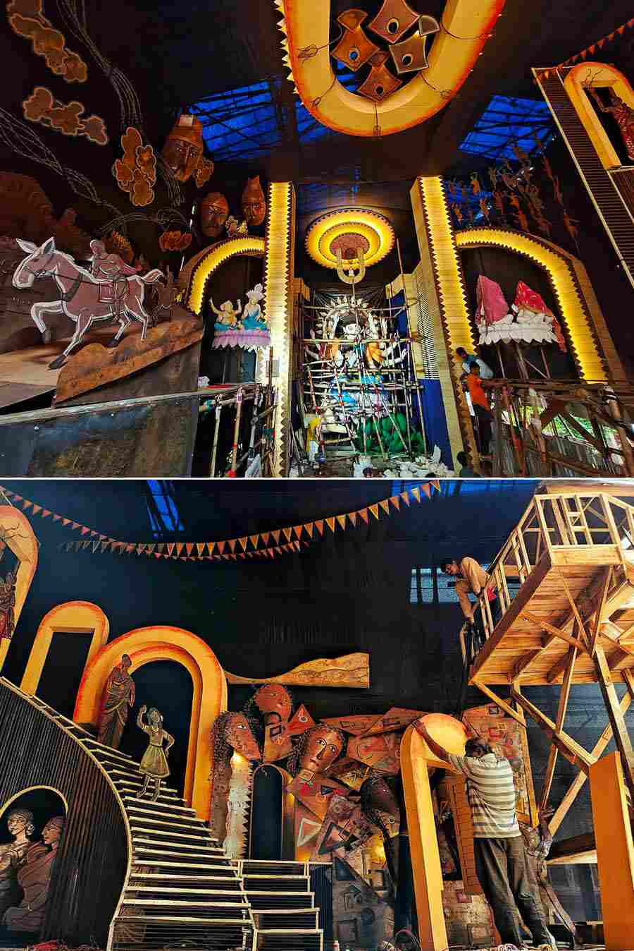Durga Puja preparations at the Hindustan Park Sarbojanin pandal off Rashbehari Avenue. This year’s theme is about a new world or a new season, where there will be no war, no crime but only peace and happiness