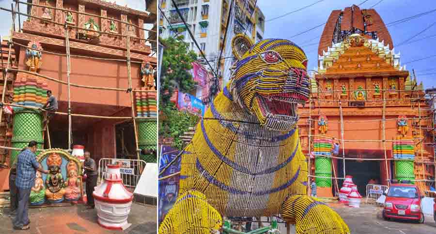 Pandal decorations in progress at Ekdalia Evergreen Club in Gariahat. This year, the pandal is based on the Puri Jagannath Temple of Odisha 
