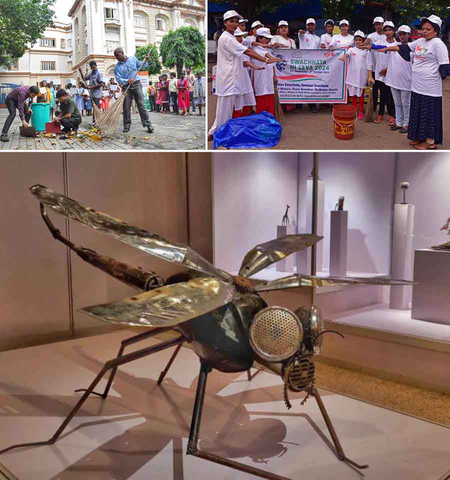 (Clockwise from top left) Swachh Bharat Diwas, promoting public participation for a clean nation, was observed at Birla Industrial and Technological Museum in Ballygunge on  the 155th birth anniversary of Mahatma Gandhi; members of Nehru Yuva Kendra Kolkata (South) take an oath ‘Swachhata Hi Seva 2024’ at Strand Road to clean the banks of the Hooghly and adjoining areas; and ‘Waste to Art’ installations promoting awareness about waste management and recycling through artistic expression on display at BITM