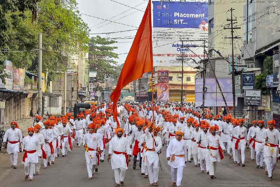 PRAY, MARCH: A procession during the Durga Mata Daud on the first day of Navratri, in Sangli, Maharashtra, Thursday, October 3