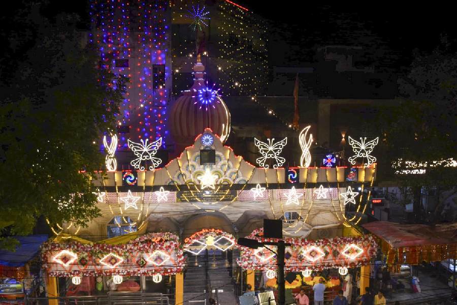 FESTIVAL OF LIGHTS: Kali Mathiya Temple stands decorated with lights on the eve of Navratri Wednesday, Oct 2
