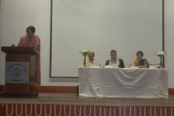 (L-R) Principal Siuli Sarkar delivered the welcome address as Dr Biswajit Banerjee, Peter Kažimír and Dr Indrani Choudhuri Dutt looked on.