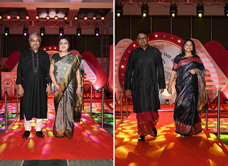 (Left) Gautam Ray, immediate former president, BCC&I and president - corporate, RPSG Group, with spouse Aditi Ray, and (right) Arnab Basu, president, BCC&I and advisory leader, PwC India, with spouse Tiasa Basu walked the ramp in all black