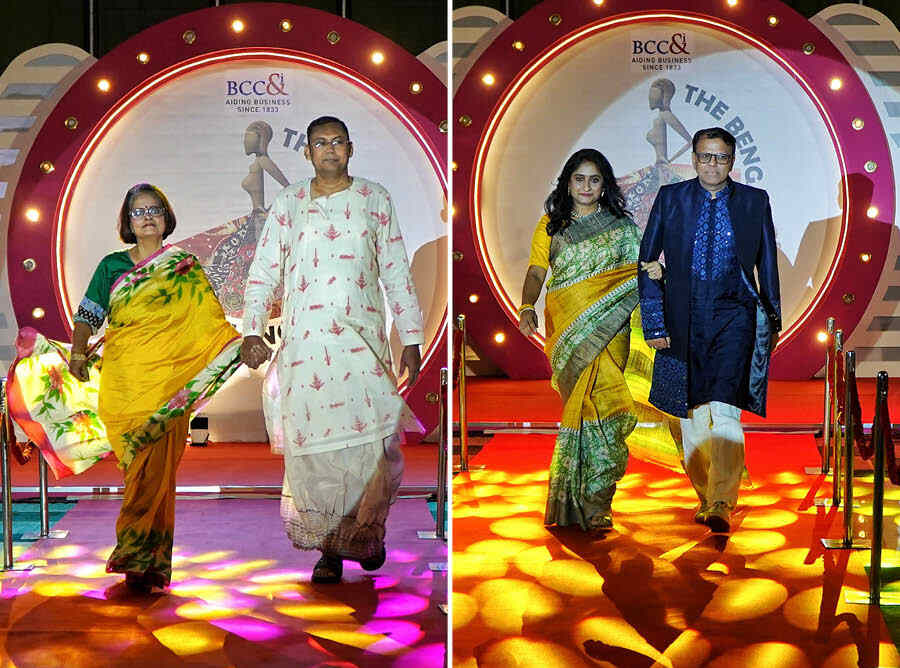 Up next, rocking the ramp was (left) Abhijit Bandyopadhyay, co-chairperson, corporate governance committee, BCC&I and former partner, Deloitte Haskins & Sells with spouse Nandini Bandyopadhyay and (right) Jitendra Kumar, chairperson, CSR and corporate governance committee, BCC&I and  company secretary & president (legal & corporate affairs), Exide Industries Limited, with Harshida Khodiar