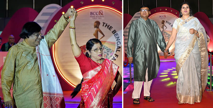 Grooving a little on stage (left) Supriyo Ghosh, member, manufacturing MSME committee, BCC&I and partner, Girish Chandra Ghosh & G.G.S. and Kumkum Ghosh received a loud cheer. In shades of silver (right) Lalit Lakhani, member, MSME committee, BCC&I and director, ASL Plastics Pvt Ltd, posed with his wife Vasudha Lakhani