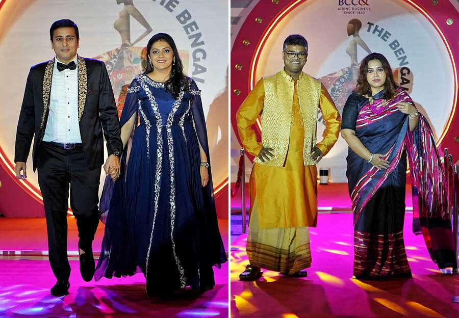 In a gentleman’s bow and suit (left) Sunil Somani, co-chairperson, Leather & Textiles   , BCC&I, and director, Somani Apparel Pvt Ltd. walked the ramp holding hands with spouse Richa Somani who wore a pretty midnight blue gown. (Right) Looking like the quintessential ‘Bangali Babu’ Deborshi Dutta Gupta, co-chairperson, BioTech & Pharma Committee, BCC&I and managing director, East India Pharmaceutical Works Limited, sprinkled charm with wife Nabamita Dutta Gupta who looked stunning in a navy blue sari
