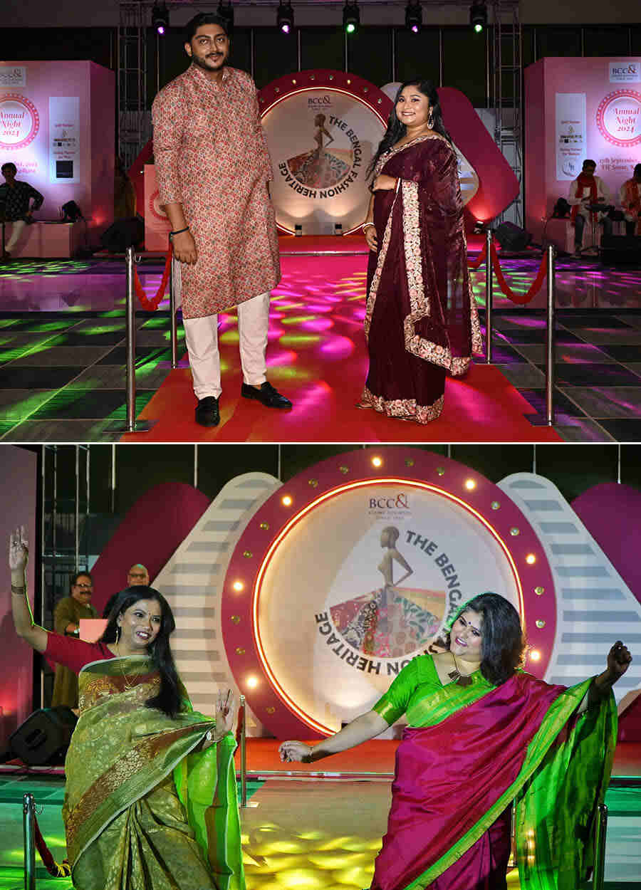 (Left) It was time for some glam and glitz as Sumana Sarkar, manager, walked in a maroon sari with Abhishek Koar, executive, from The Chamber Secretariat. Then came in  senior managers (right) Tania Chakraborty, and Sarbani Sett from The Chamber Secretariat together dancing to the beats