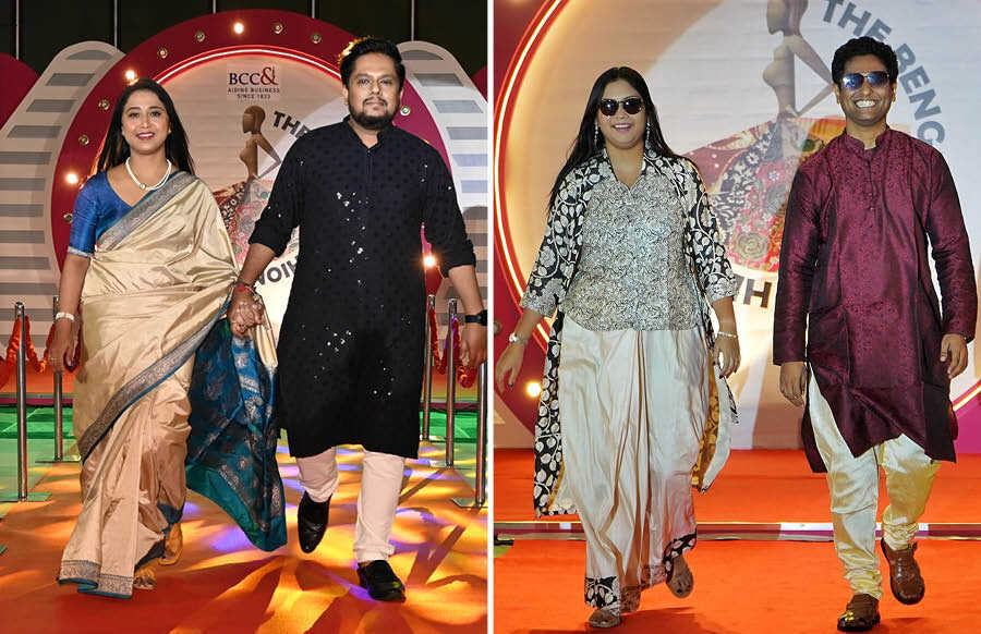 In shining black kurta managers, accounts dept (Left) Joy Bhowmick walked the ramp with colleague Liza  Mazumder, who looked ravishing. (Right) Senior executive from The Chamber Secretariat Bikramjit Saha and manager Waindrila Saha set the ‘Kala Chasma’ vibes!