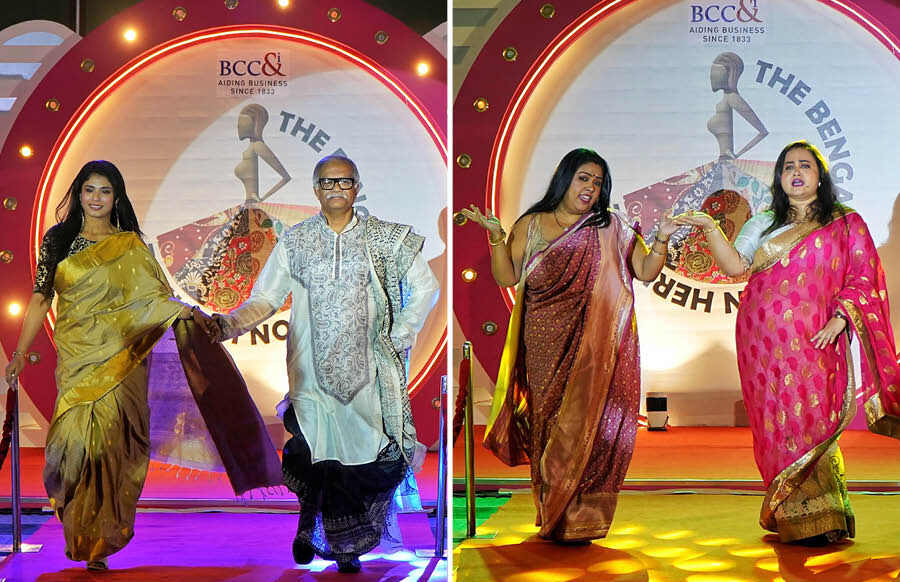(Left) Soumya Saha, head of finance & corporate governance came in a Bengali-style dhoti-kurta while Manisha Roy, junior executive from The Chamber Secretariat draped a regal sari. Bringing in their usual vibrant spirit on the ramp (Right) Angana Guha Roy Chowdhury, assistant director general, BCC&I, and Sukanya Bose, director, BCC&I from The Chamber Secretariat broke into a dance