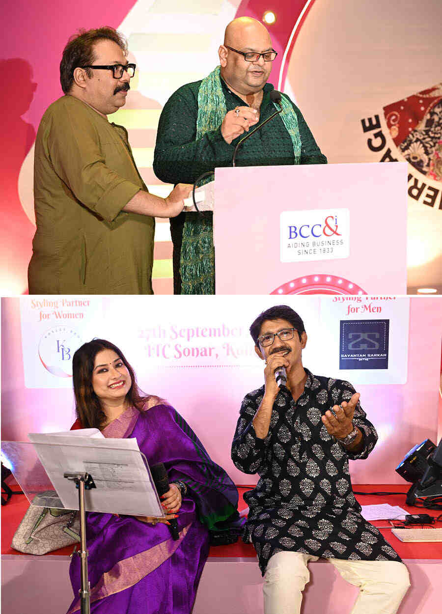 (Top) The emcees for the night — Arnab Chakraborty, director, and Kumar Shivam, director, from The Chamber Secretariat kept the spirit alive with their wit and humour while singers (above) Somdutta Banerjee and Chiranjib Nath lent their voice to create live music for the ramp show