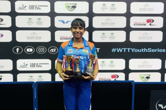 Syndrela Das with trophies from the WTT Youth Contender, Dammam