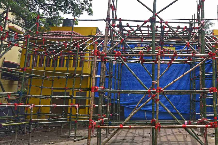 Well dug by bamboo scaffoldings, the grounds of barowari pujas have always been fertile for political dreams to germinate