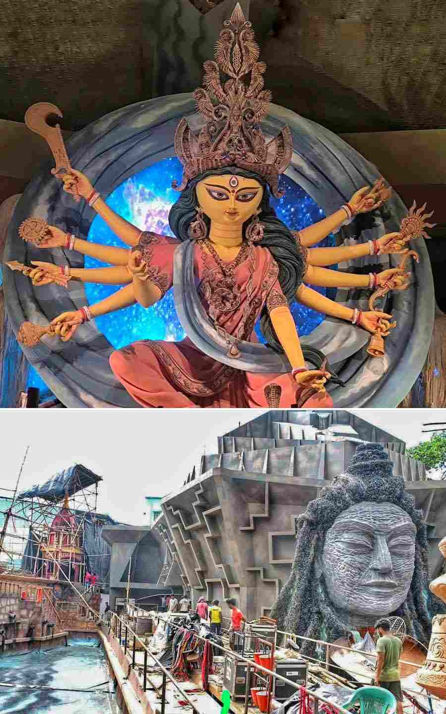 The Chetla Agrani Club has highlighted a social issue — the pollution of the Ganga, a holy river whose water is used for worshipping deities. The message the organisers want to impart is that if the Ganga gets polluted, so does the entire society