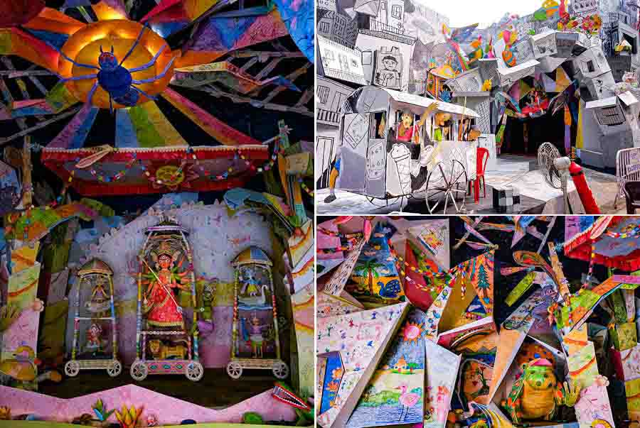 Colourful sketches made by children liven up the State Bank Thakurpukur Durga Puja pandal this year. The goddess and her children ride chariots and the green demon clings on to Durga’s vehicle  