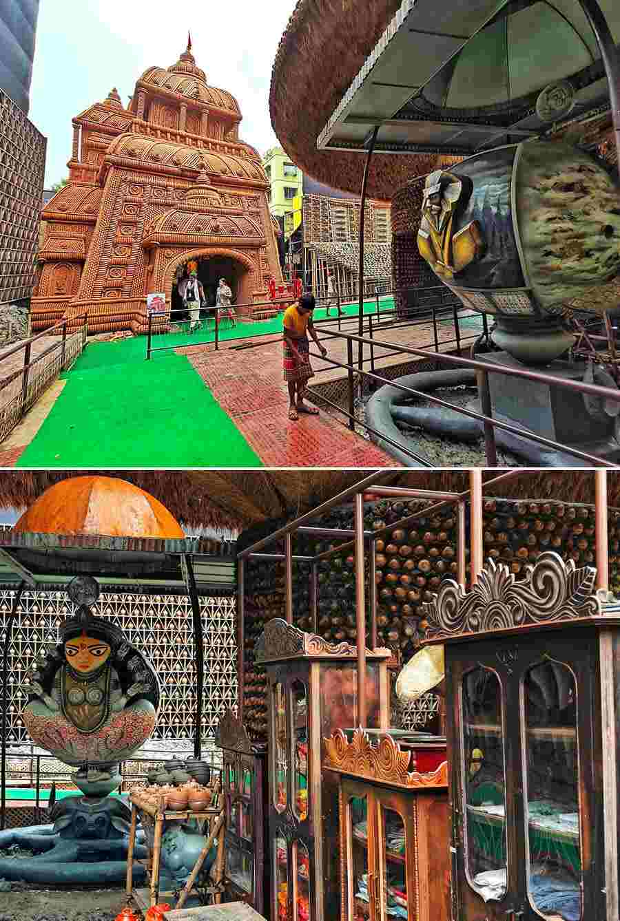 ‘Shanchoy’ is the theme of the Bosepukur Sitalamandir Durga Puja pandal this year. It is made of various kinds of pottery items. The puja has created two pandals this year, the second being a recreation of the 2001 pandal made of ‘bhnar’ (clay cup), which had first propelled the puja into the league of leading pujas