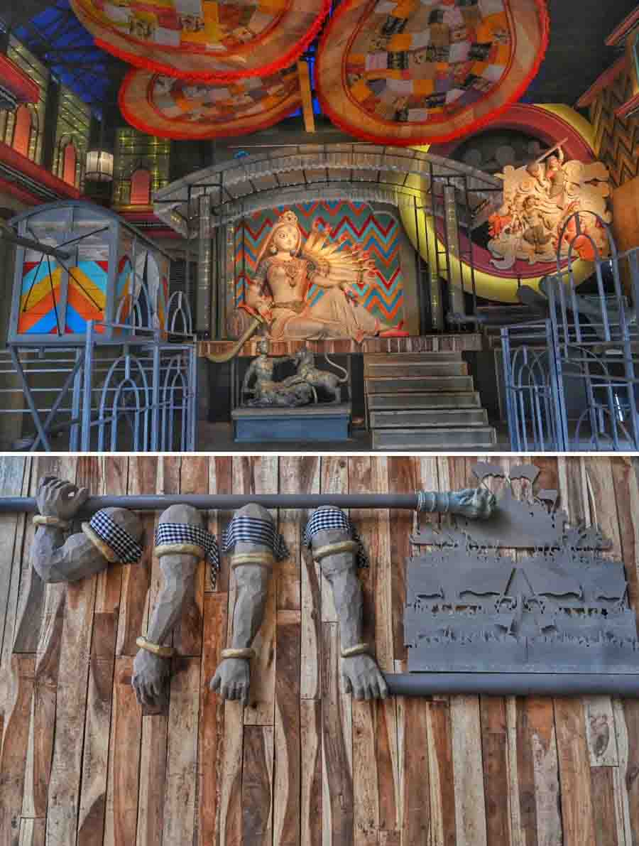 The ‘Palki Katha’ theme at Belgachia Sadharon Durgatsob committee honours the traditional palanquin, a historical form of transportation. The theme emphasises the palanquin’s design and the puja nostalgically reinterprets this through artistic expression made with metal and wood