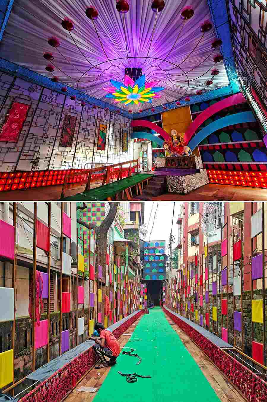 This year the theme at the Selimpur Pally Durga Puja pandal is ‘Godhulir Swapno’. A lot of bright colours welcome visitors at the entrance to the pandal 