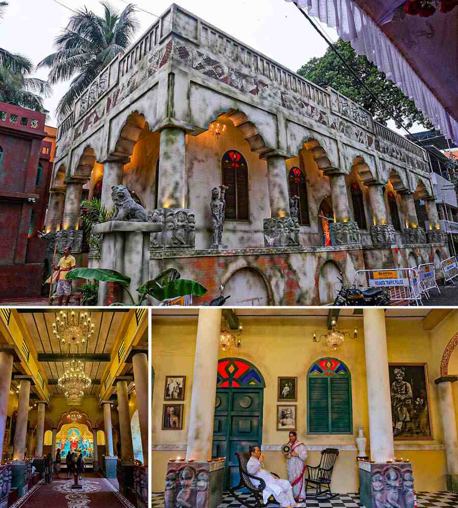 The theme ‘Khidki to Singha Duar’ at the Haridevpur 41 Pally Durga Puja pandal uses a window (khidki) and a ‘singha duar’ (lion’s gate) to emphasise that even the mightiest are forgotten as their wealth and influence disappear. An exotic zamindar bari with all detailing portrays the theme