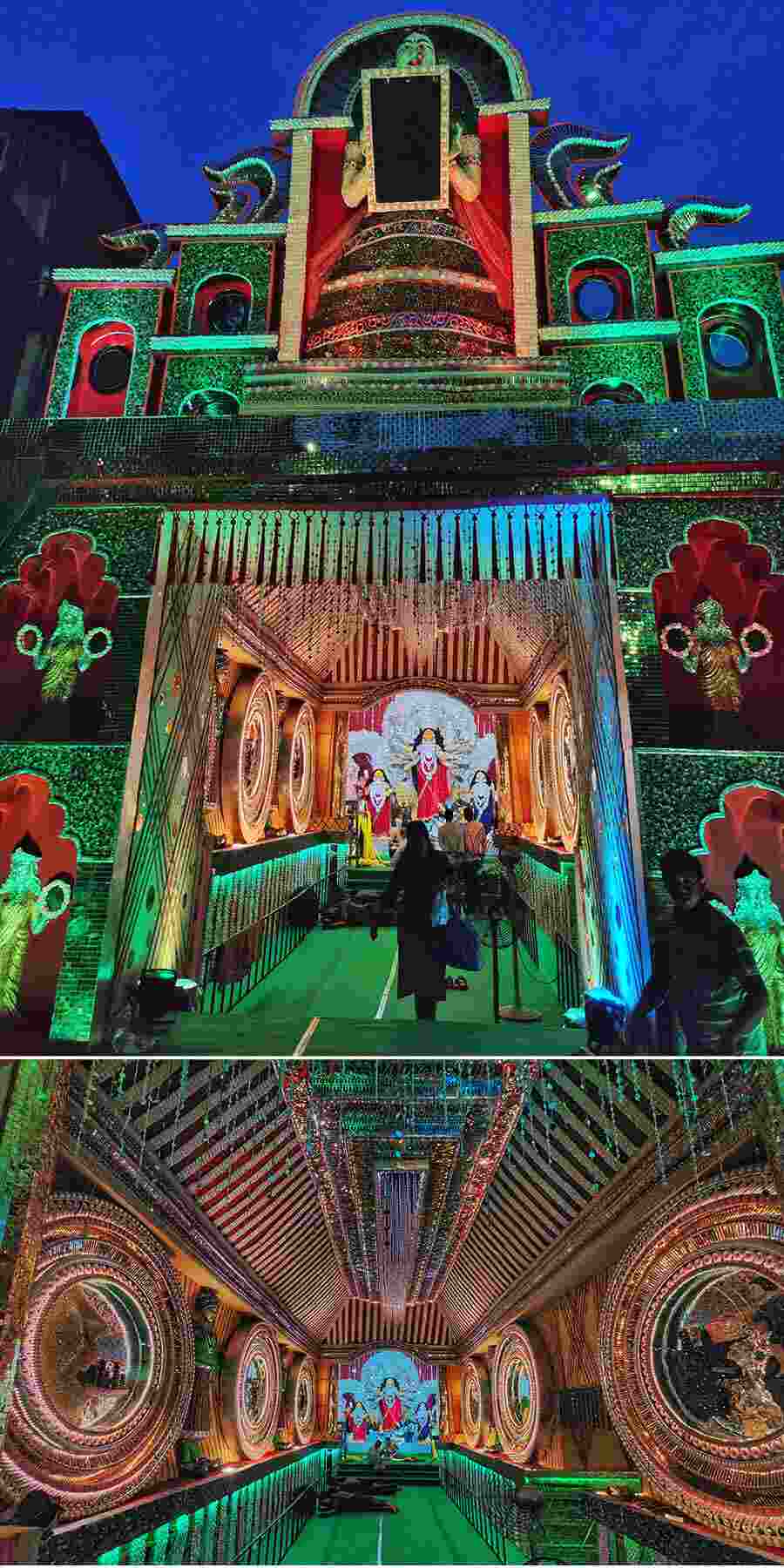 ‘Darpane Darshan’ is the theme at the Entally Martibhumi Durga Samiti pandal this year. Right from the colourful and flashy entrance, get ready to be blinded by thousands of mirrors in myriad sizes which line up the way to the goddess