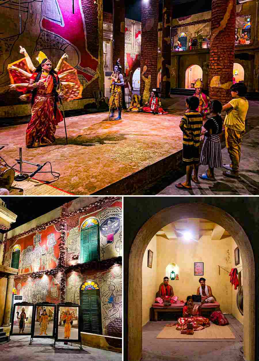 Alipore Sarbojanin in its 79th year has centred its theme on ‘Songkalpo’, where ‘Song’ stands for ‘bohurupi’ (crossdresser) and ‘kalpo’ for ‘roop’ (avatar). To promote the puja, crossdressers from the puja could be spotted across the city dressed as the goddess or her children. These live crossdressers can be seen at the pandal also. So are the men and women dressing up as ‘bohurupi’