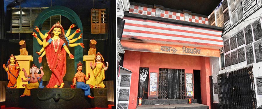 Hatibagan Nabin Pally pays tribute to the old theatres of Kolkata. The north Kolkata puja has recreated several iconic theatres such as the Noti Binodini theatre, Rangana theatre and more