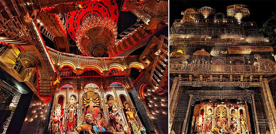 Portraying the inner dynamics and untold stories of a zamindar household, Singhi Park Sarbojanin Durga Puja Pandal in Dover Lane replicates the grand Durga Puja celebrations of such families with its theme ‘Satmoholar Antopure’