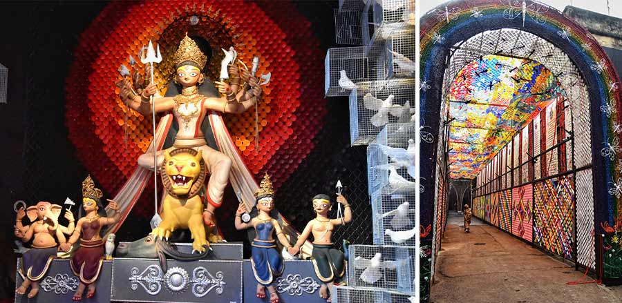Sikder Bagan near Sovabazar is sending out a message of peace. The pandal has been made using barbed wires, cages etc. to depict themes of war. ‘Manabotar Ustav’ urges people to focus on creating art, not war