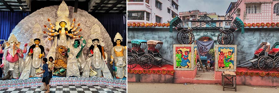 Baguiati Udayan Sangha portrays the ‘Babu culture’ of the city in its theme ‘Babuana’. The pandal is crafted to show the lavish Durga Puja celebrations and display of wealth of the aristocrats of the past