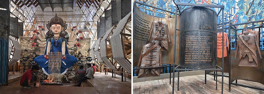 The Dumdum Park Tarun Dal pandal is all white and blue, depicting the White and Blue Revolutions from history to show different incidents that brought about a global change