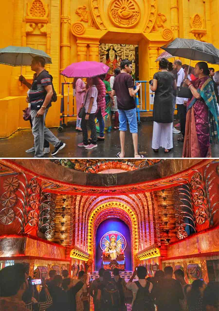 Durga Puja fervour hit the city even as rain played spoilsport. (Top) Pandal-hoppers, armed with umbrellas, brave the rain to queue up in front of a pandal near Lake Town on Sunday afternoon. (Above)The crowd at Hindusthan Club on Saturday evening also defied the weather to enjoy Durga Puja. The rainfall recorded by IMD in the last 24 hours is around 13.9mm