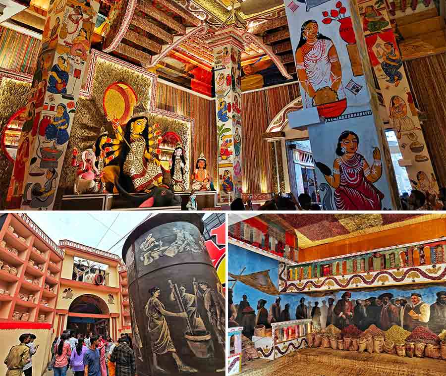‘Shaad Kahan’ is the theme of the Kalighat 66 Pally Durga Puja committee this year. The entire pandal has been done up with different spices. It narrates the history of spices, showing spice markets, how those were grinded and transported across the seas and over land through the ages