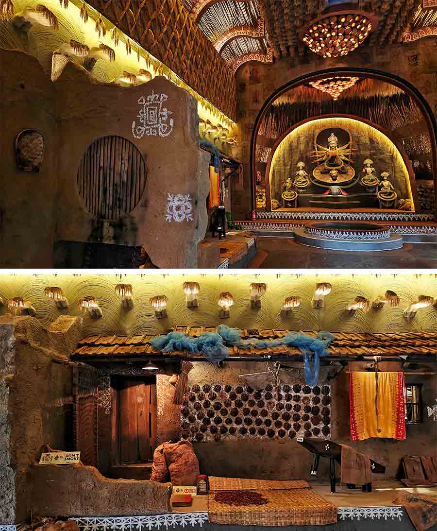 ‘Korshon’ is the theme of the Durga Puja pandal at Samaj Sebi Sangha on Lake Road. The pandal shows how the puja is celebrated in rural Bengal by the farming community. The decor comprises farming implements and rural life 