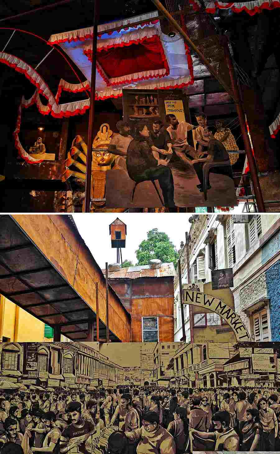 ‘Utsab-er Chalchitre’ is the theme of Badamtala Asar Sangha Durga Puja pandal behind Kalighat Metro station in its 86th year. It has tried to portray how the puja maps the creative economy  