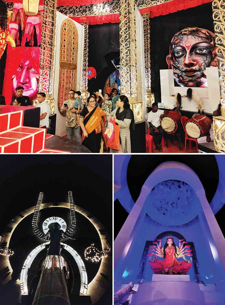 The ‘Chakravyuh’ theme of the Railpukur United Club, Baguiati, delves into the ongoing struggles of women against exploitation and oppression, linking mythological references like Draupadi's humiliation in the Mahabharata to current societal issues. 