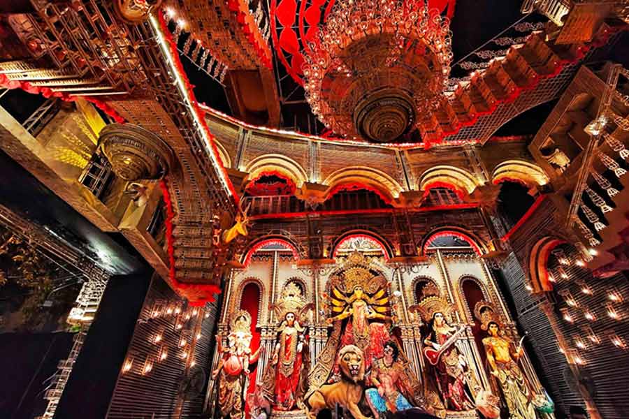 This year’s pandal at Singhi Park, which was a mainstay in the pandal-hopping itinerary for grandmother Malina and grandson Arnab