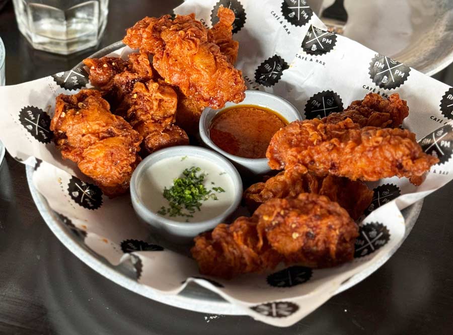Hot Sauce Glazed Fried Chicken: Every chef has their own take on fried chicken. When Auroni went back to what his favourite fried chicken was, it wasn’t KFC — it was TGIF, where he first experienced the thrill of hot wings in India. ‘I like to make the eating experience easier while keeping the bold, spicy flavours, so this plate of Hot Sauce Glazed Fried Chicken is off-the-bone wings,’ he explains