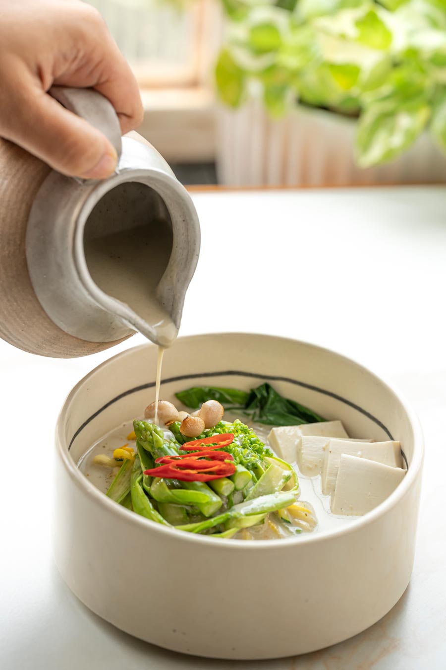 Tom Kha Coconut Curry Zucchini & Asparagus Noodle Bowl: The bowl brings together the aromatic flavours of Tom Kha coconut curry, paired with zucchini and asparagus noodles, silken tofu, greens, and mushrooms for a light yet hearty meal that aims to uplift your spirits. ‘Most of the menu has been geared towards making people feel happy,’ says Auroni