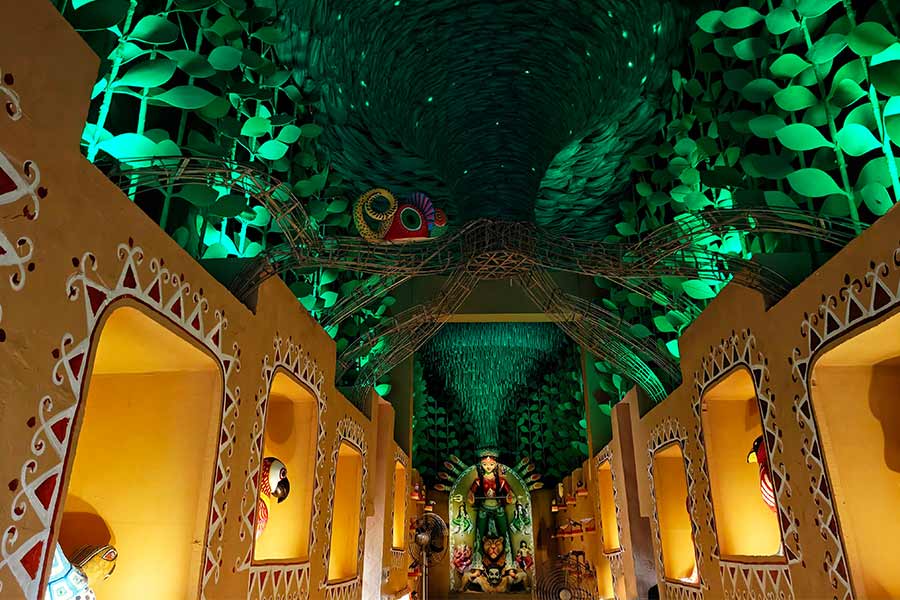 The tussle between unplanned urbanisation and dilapidating nature is the focus of this pandal